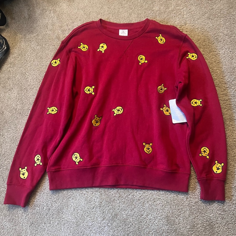 Disney Red Crewneck Sweater with Yellow Winnie the Pooh Heads embroidered